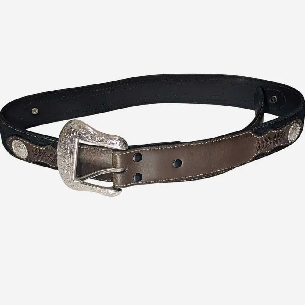 Nocona Mens Leather Western Belt Size 32 (S) Brown Black Southwest Silver Buckle